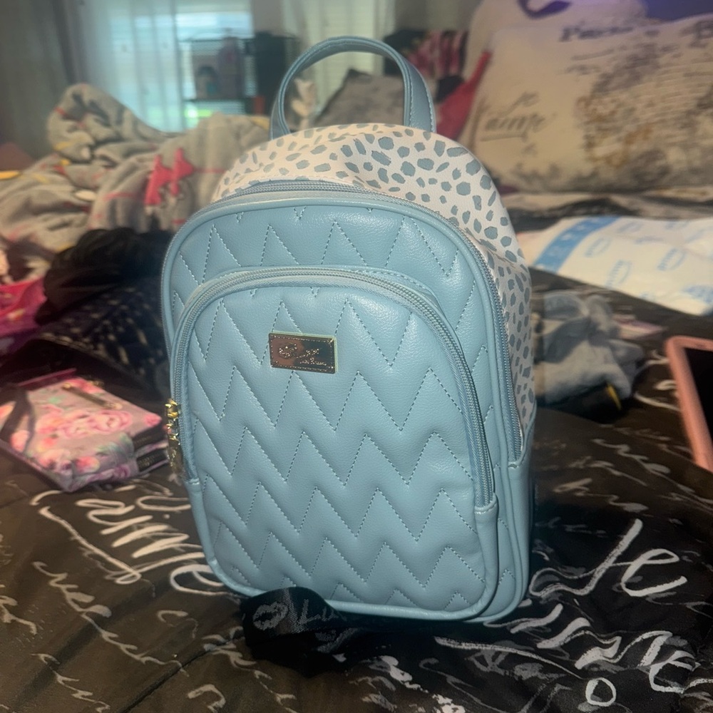 Betsey Johnson Blue and White Quilted Backpack with Chevron Design